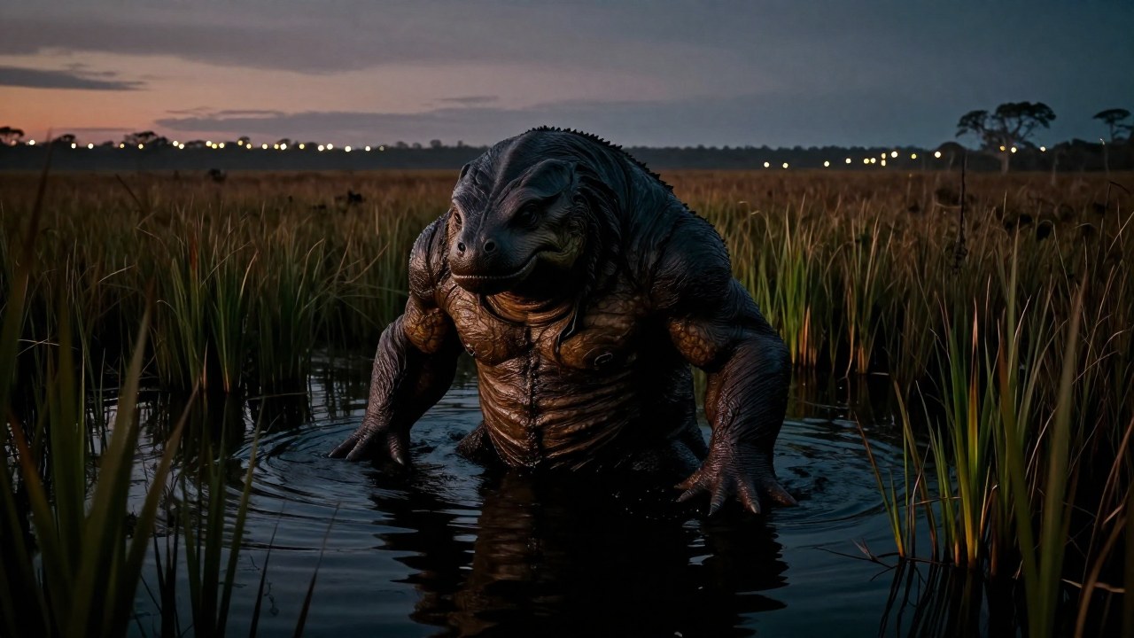 La criatura Bunyip mítica emerge de un pantano oscuro, con un horizonte que sugiere la influencia de la modernidad.