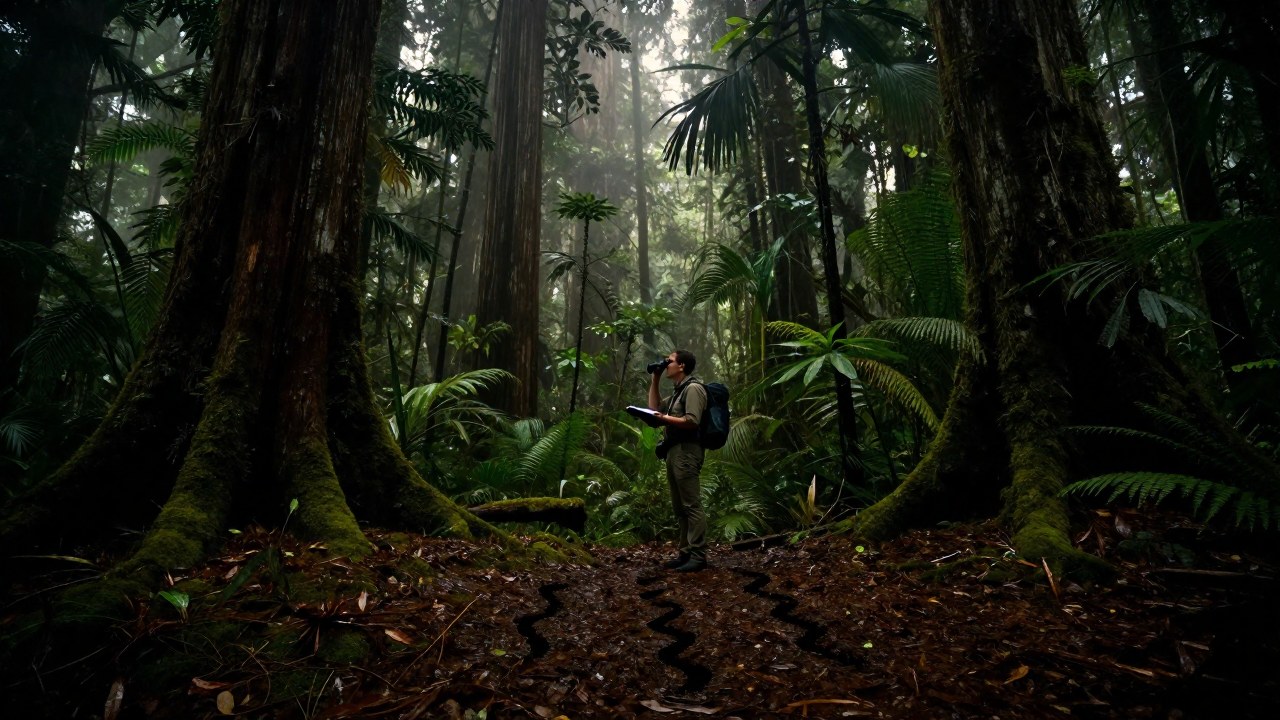 Investigador en selva observando huellas en el suelo con binoculares y un cuaderno.
