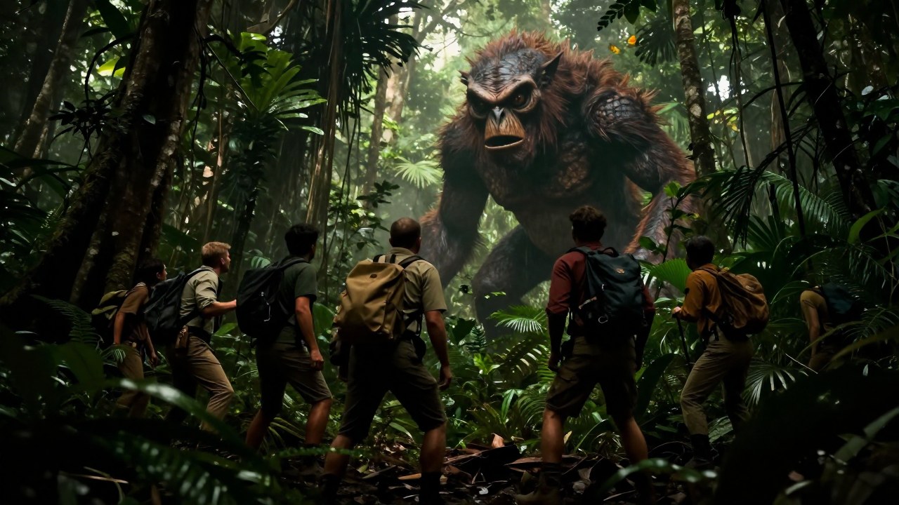 Exploradores enfrentan al Mapinguari mítico en un tenso encuentro dentro de la densa selva amazónica.