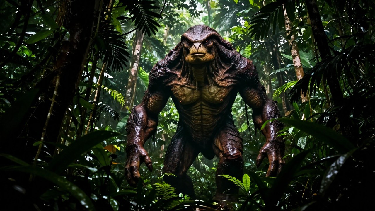 Criatura Mapinguari amenazante emergiendo del denso dosel de la selva amazónica.
