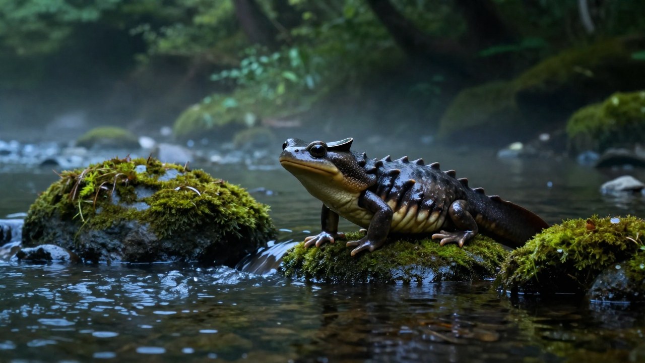 Criatura Kappa de la mitología japonesa en una orilla de río, parcialmente sumergida con su cuenco distintivo en la cabeza.
