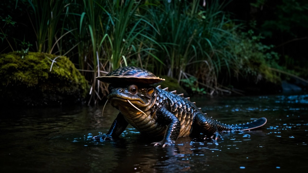 Una criatura Kappa con piel escamada y plato en la cabeza emerge de un río japonés oscuro.