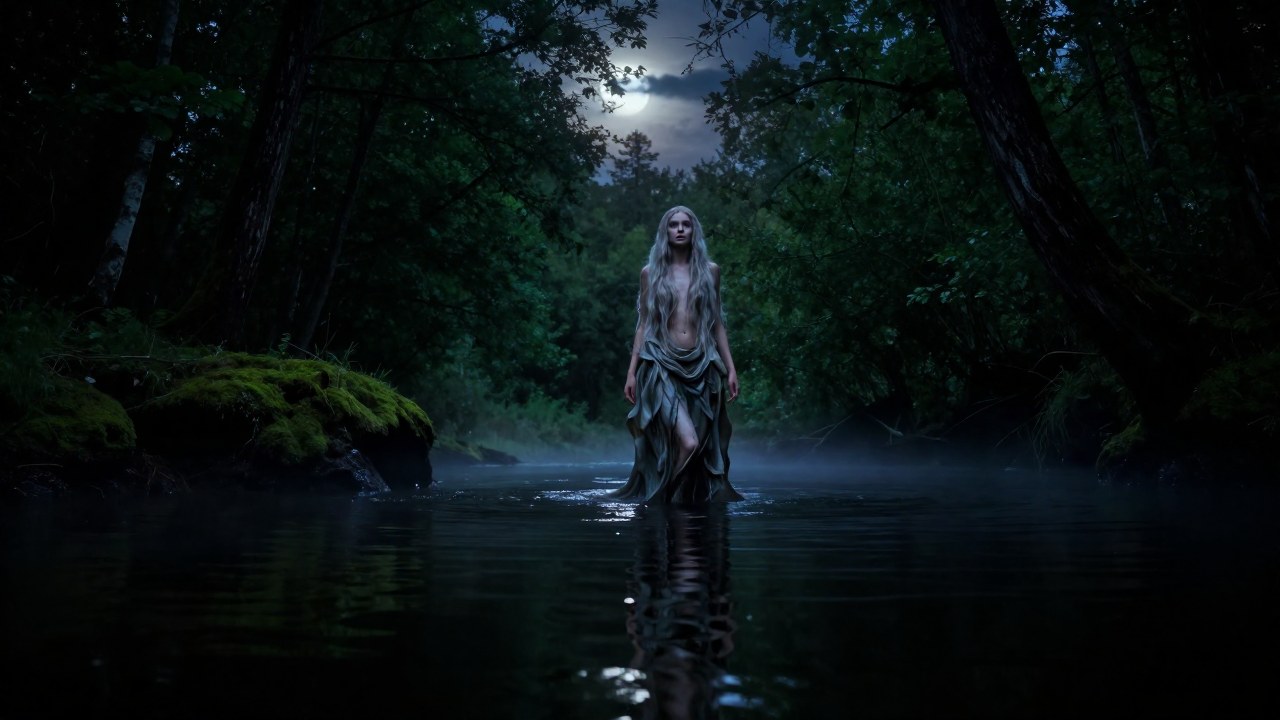 Una Rusalka mítica emerge de las aguas oscuras hacia la orilla de un río boscoso al crepúsculo.