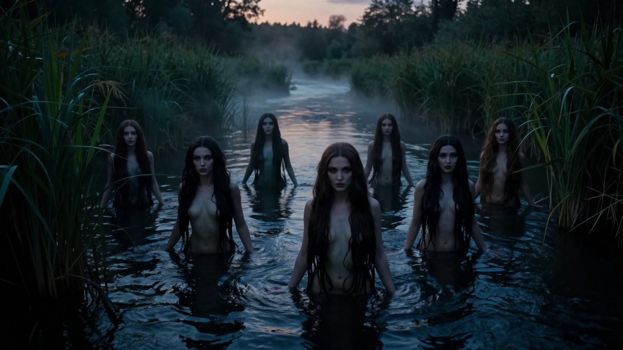 Rusalki de folclore eslavo emergen de un río brumoso al anochecer, mirando fijamente al espectador.