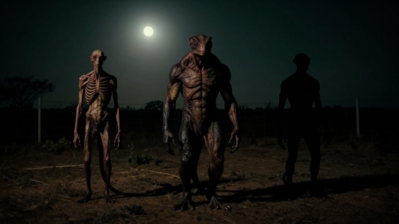 Tres figuras distintas del criptido Chupacabras, representando su variada morfología en un paisaje rural nocturno.