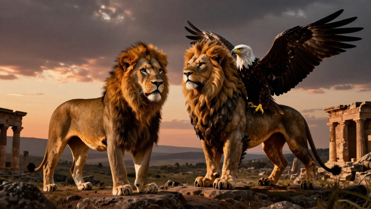 León majestuoso y grifo poderoso contrastan en un paisaje épico de ruinas antiguas.