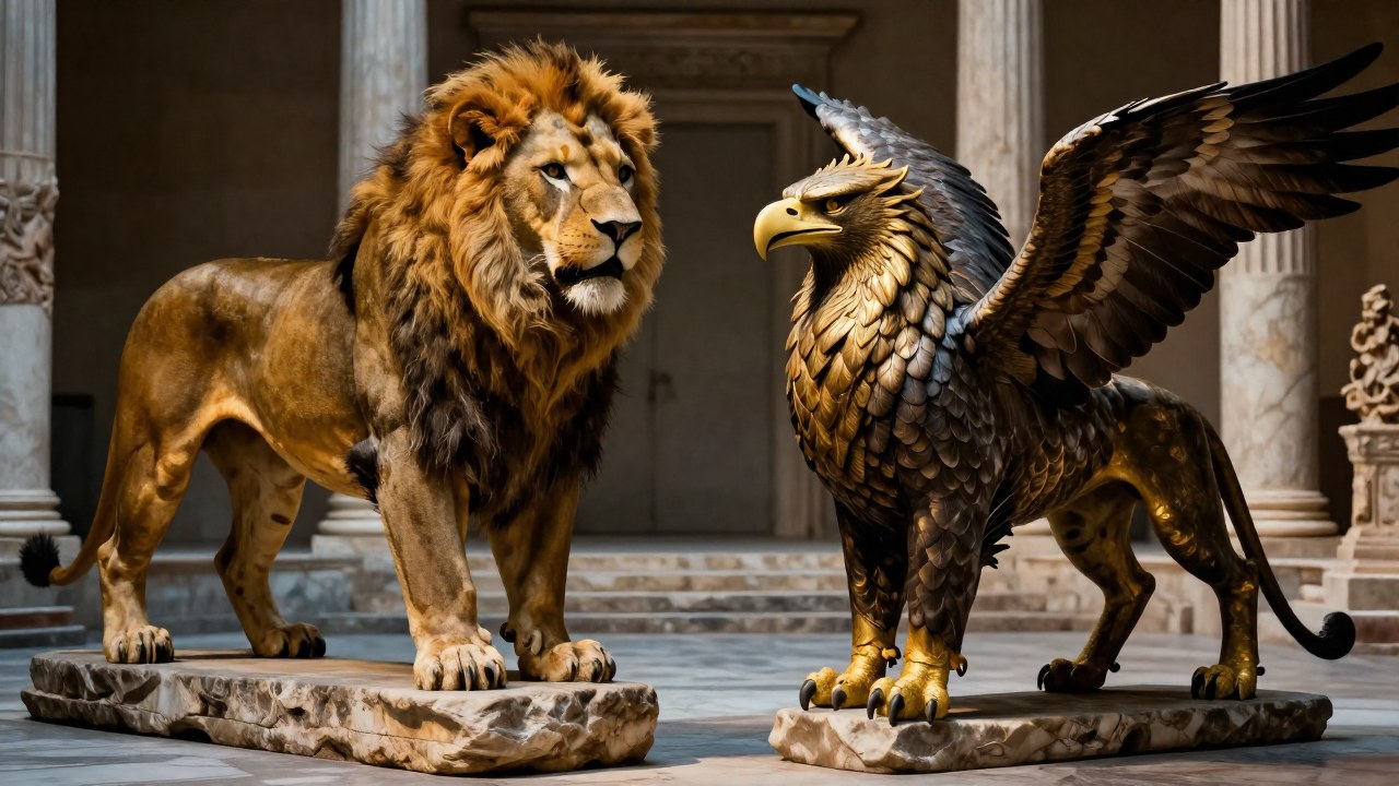 León y Grifo mitológicos en un patio antiguo, comparando sus distintas anatomías y características.