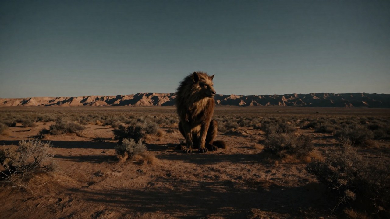 Un Skinwalker mitológico en transformación en el desolado paisaje del desierto de Utah.