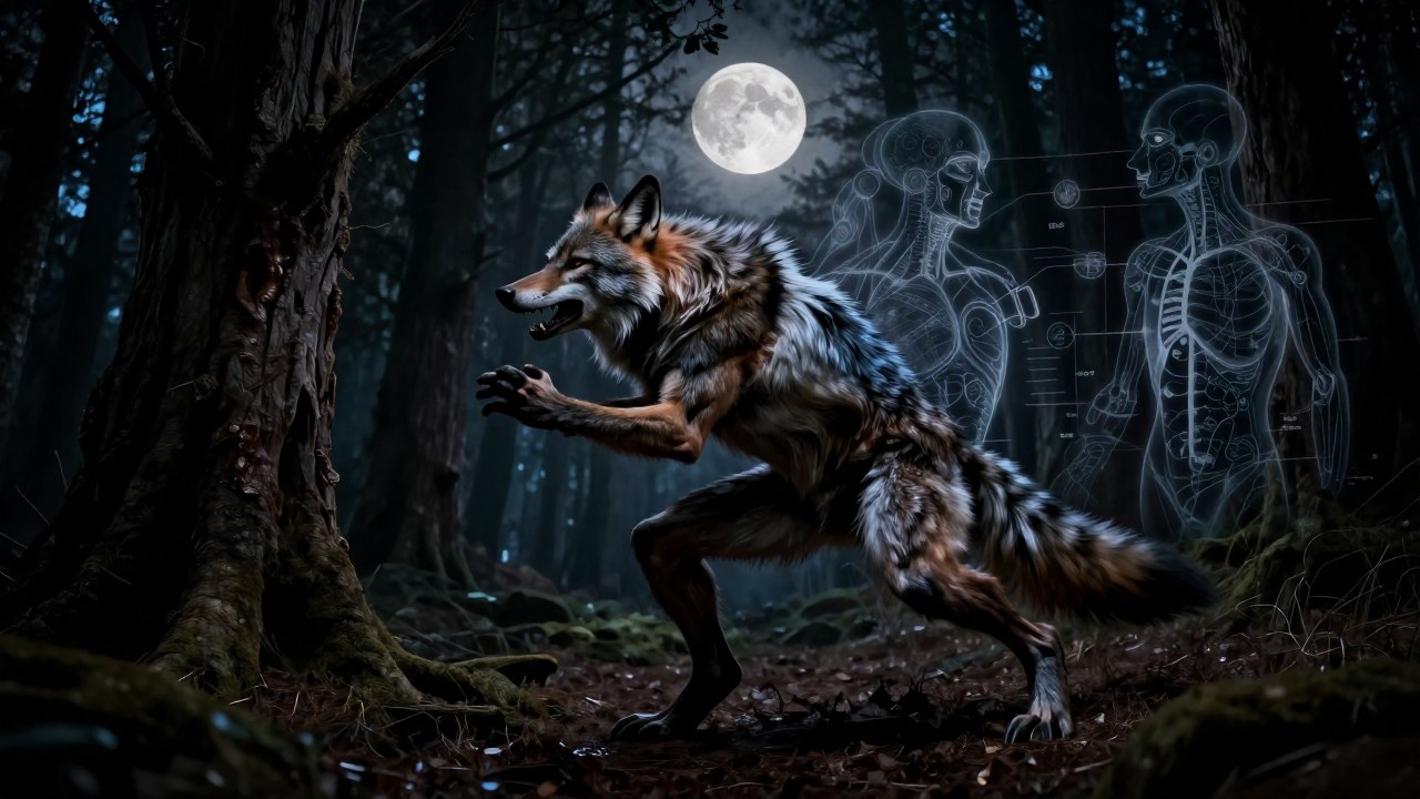 Hombre en transformación de lobo en un bosque, simbolizando la lucha entre lo primal y lo científico.
