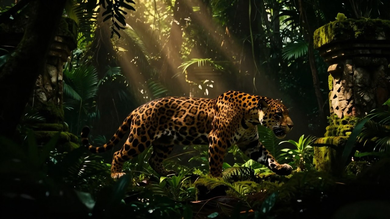 Figura humana transformándose en un jaguar en ruinas de la densa selva mesoamericana.