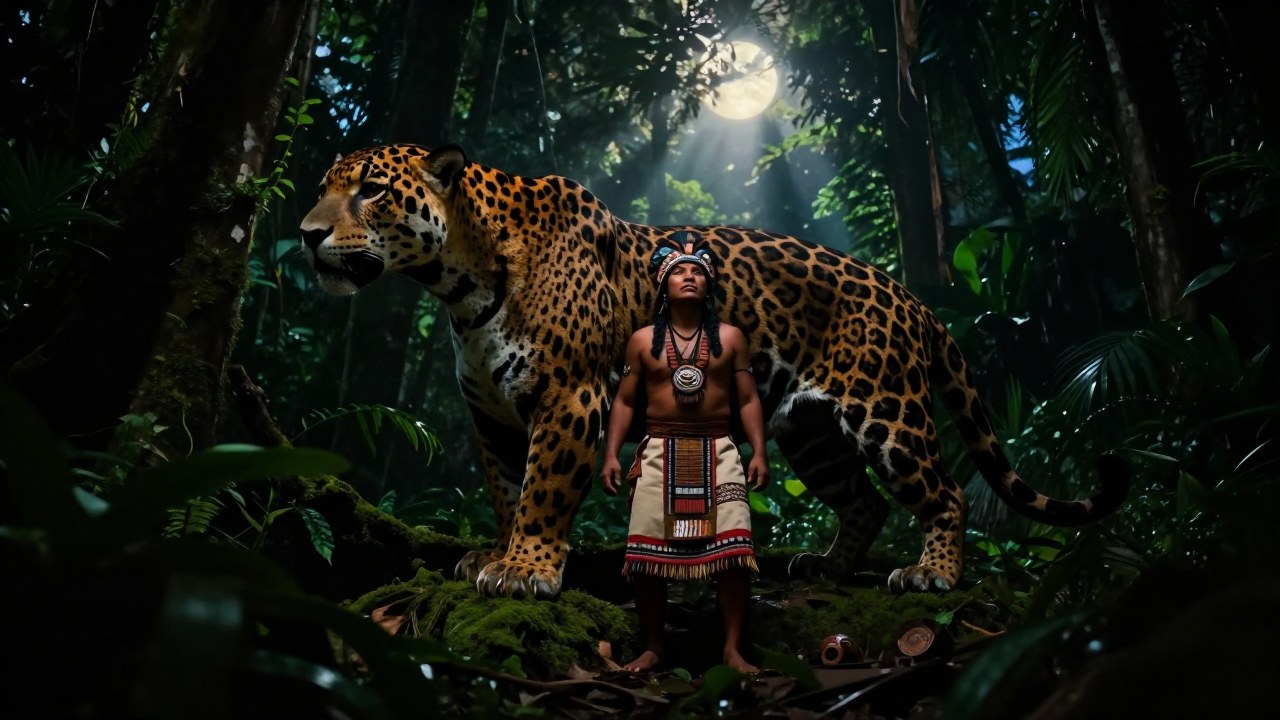Figura indígena y jaguar fusionándose en la selva, simbolizando la transformación mística dentro de la cosmología.