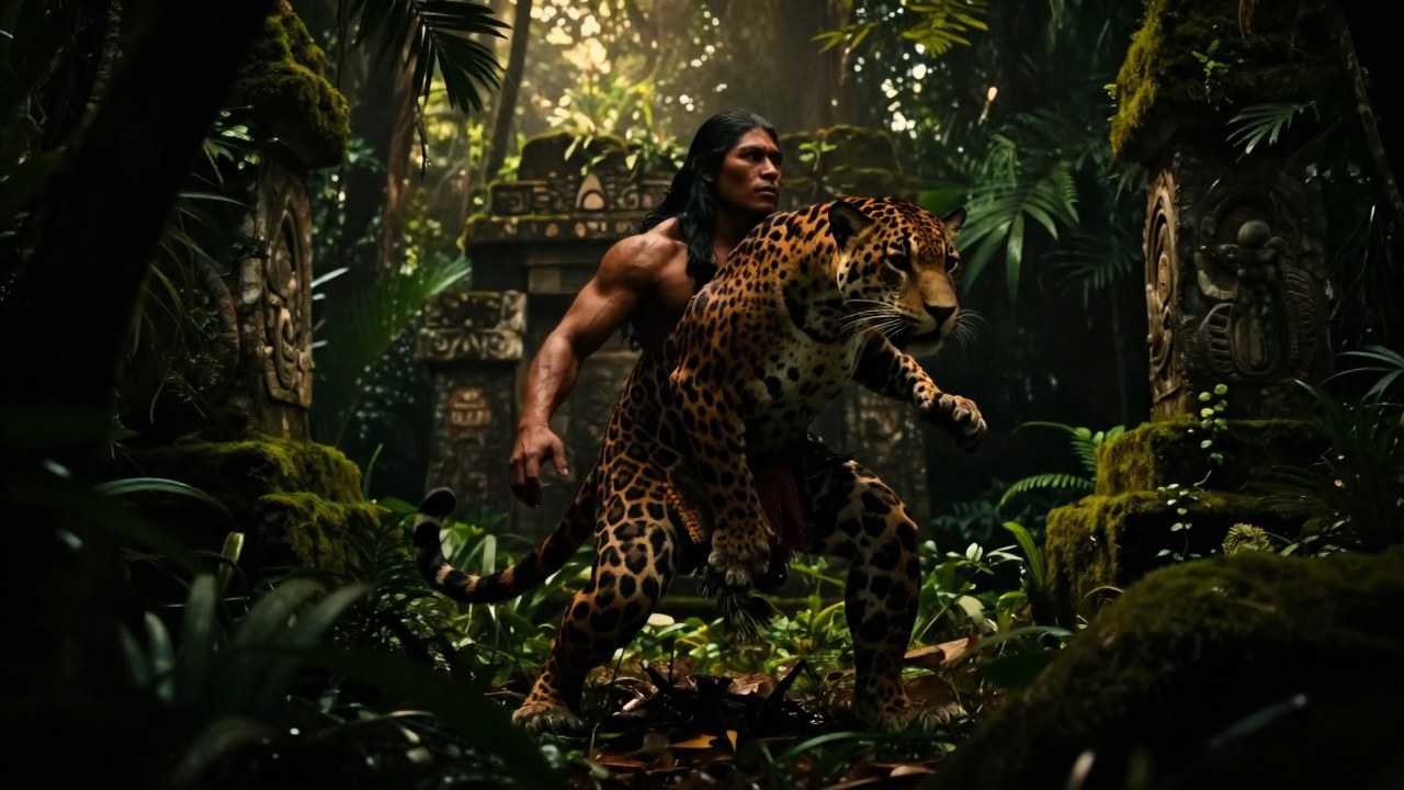 La figura indígena se transforma en jaguar, ilustrando el concepto de Nahual dentro de la selva mesoamericana.