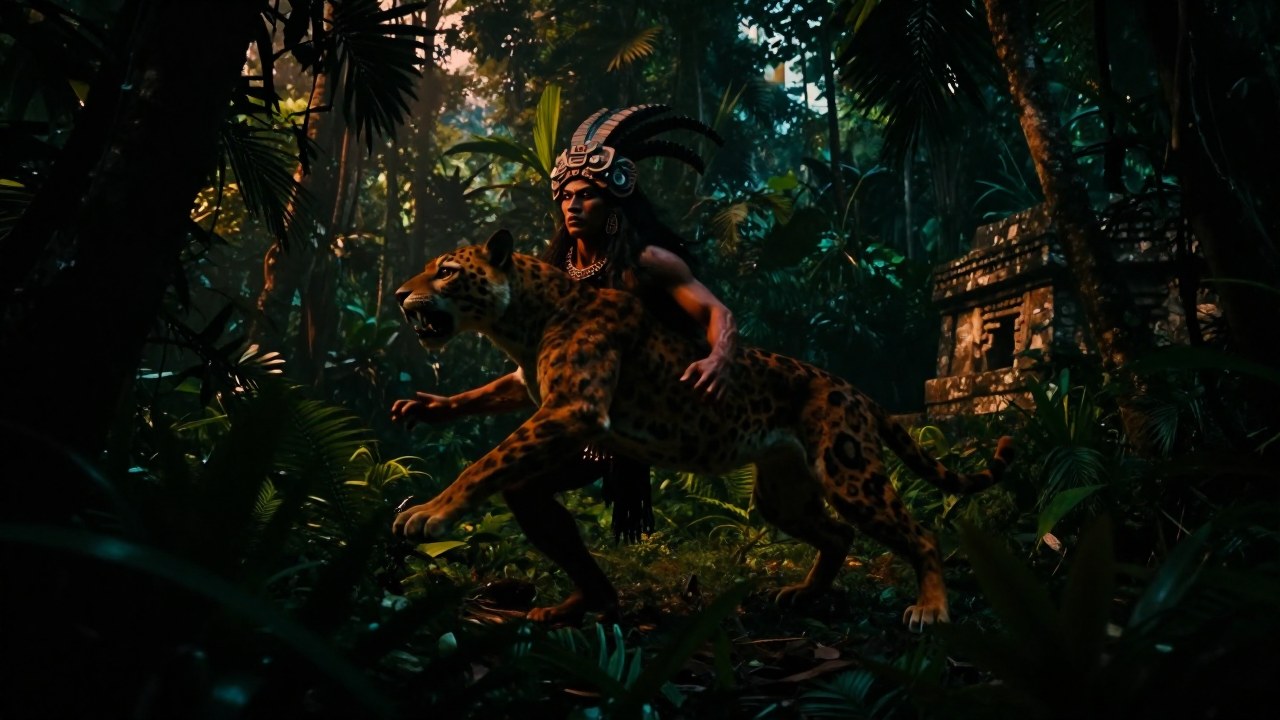 Una figura nahual se transforma en una criatura felina en la densa jungla mesoamericana.