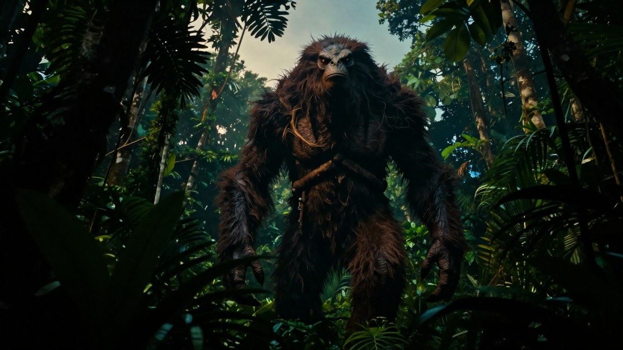 Mapinguari, una criatura mítica, emerge de la densa selva amazónica al anochecer.