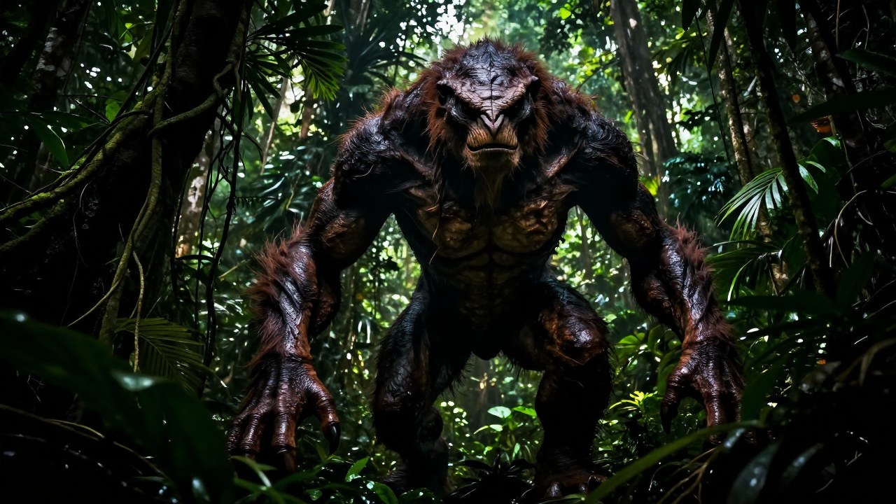 Mapinguari, la criatura mitológica, domina el marco al emerger de la densa selva amazónica.