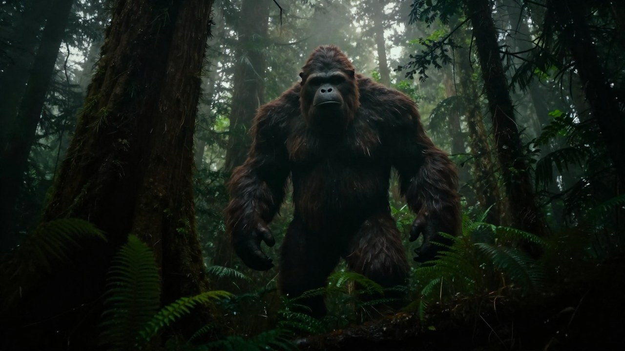 Figura de Sasquatch cubierta de pelaje oscuro, parcialmente oculta en una densa y brumosa selva del noroeste del Pacífico.