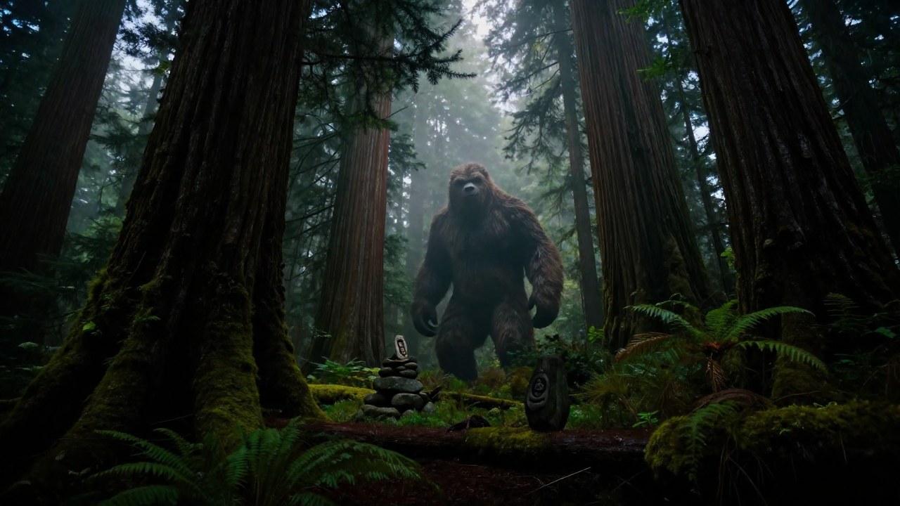 Silueta de Sasquatch en un denso bosque del Pacífico Noroeste, cerca de un cairn ancestral.