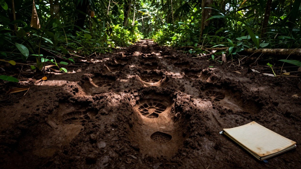 Huellas de animales masivas en la tierra húmeda de una jungla africana, sugiriendo una presencia gigantesca.