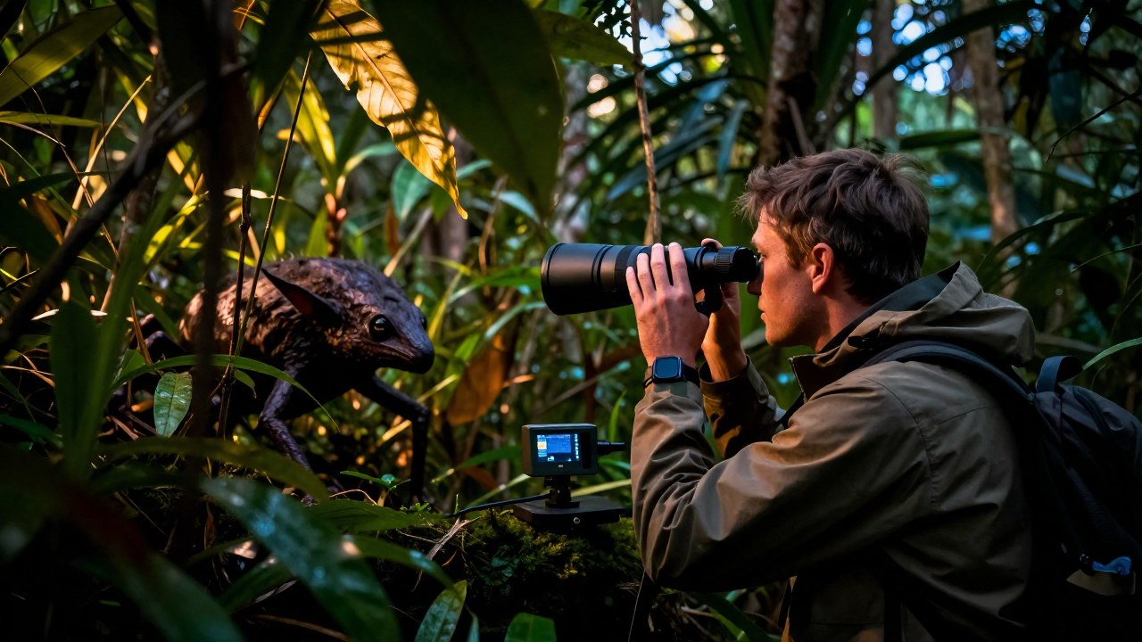 Investigador en campo observa una criatura desconocida en su hábitat natural subtropical.