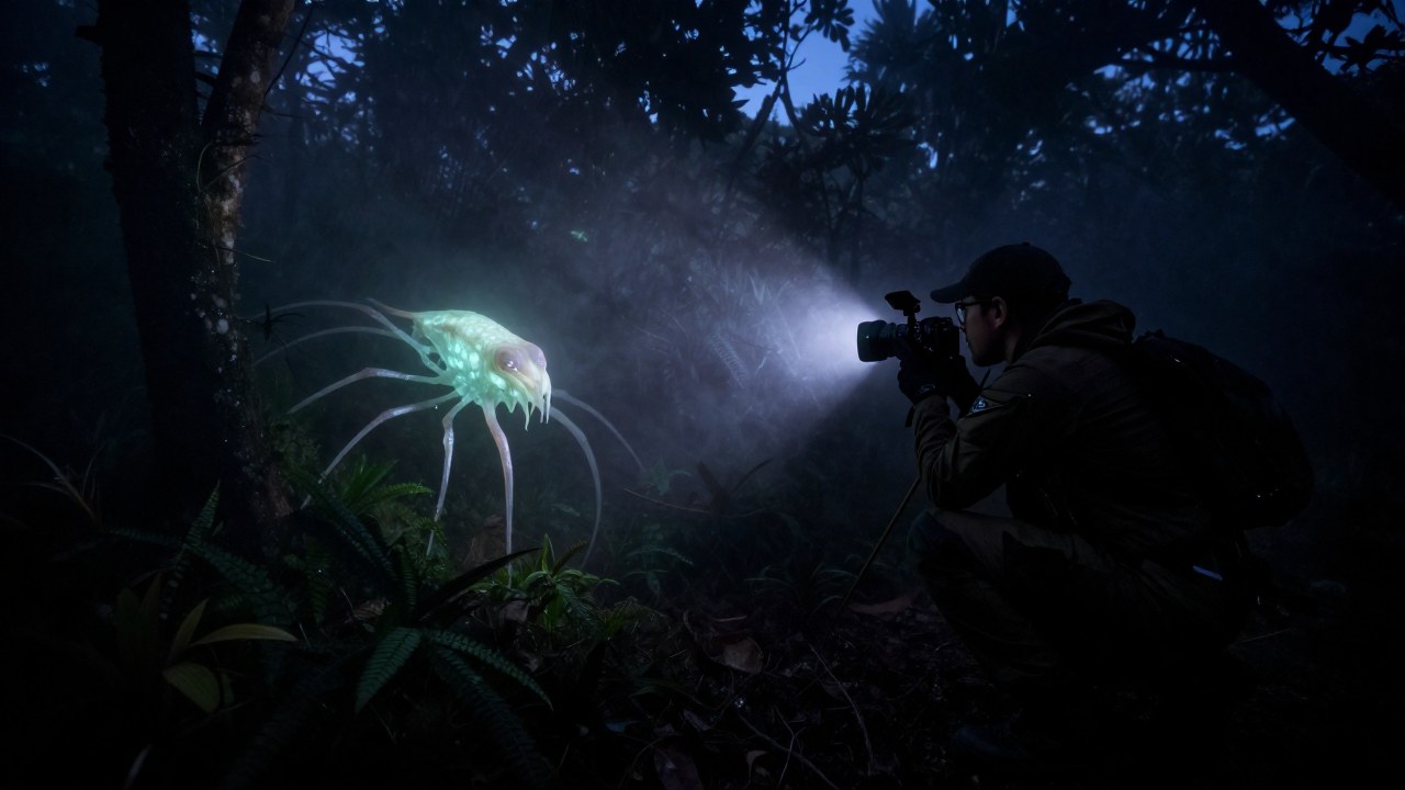 Investigador de vida silvestre documenta una elusiva criatura bioluminiscente en un bosque brumoso al anochecer.