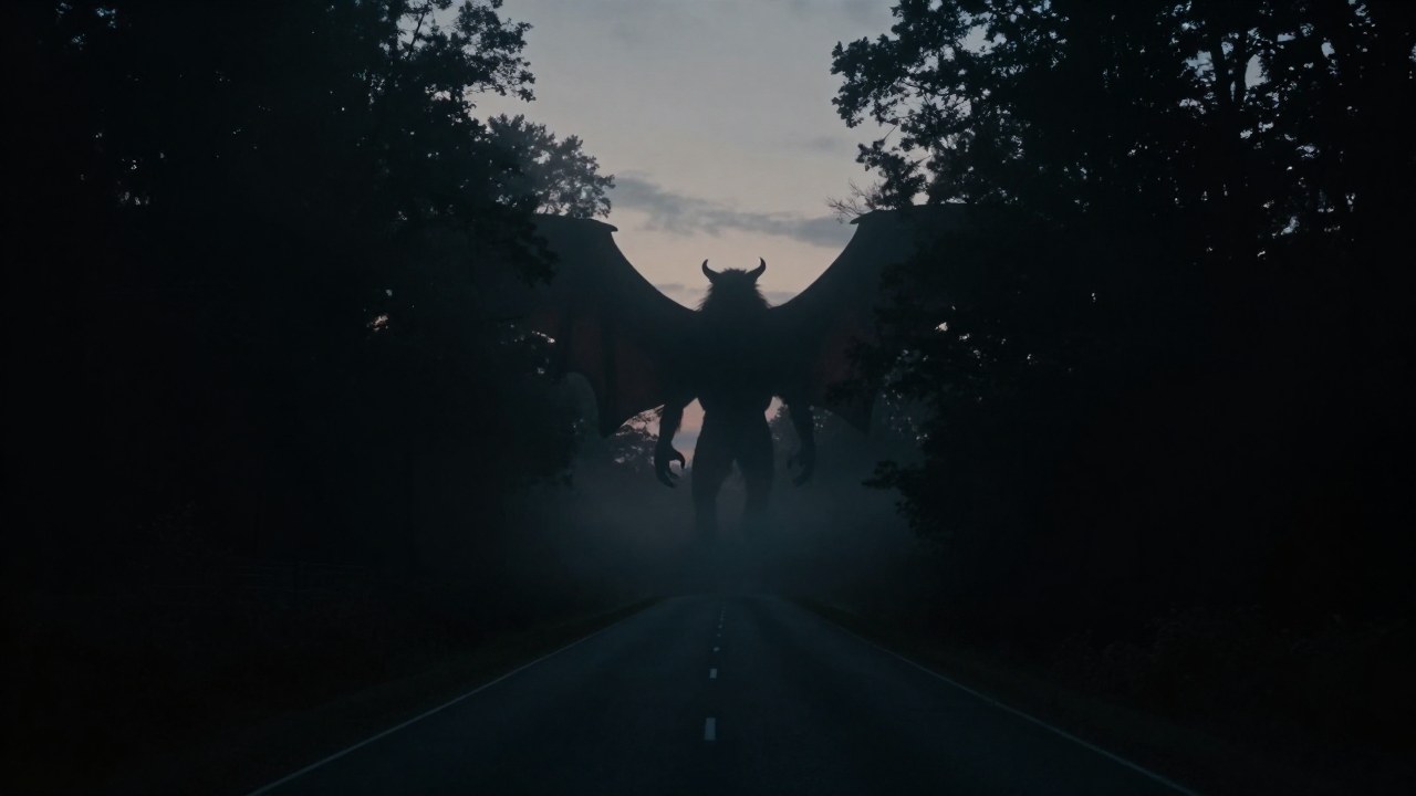 Una gran criatura alada, similar a Mothman, aparece silueteada en un paisaje rural brumoso al anochecer.
