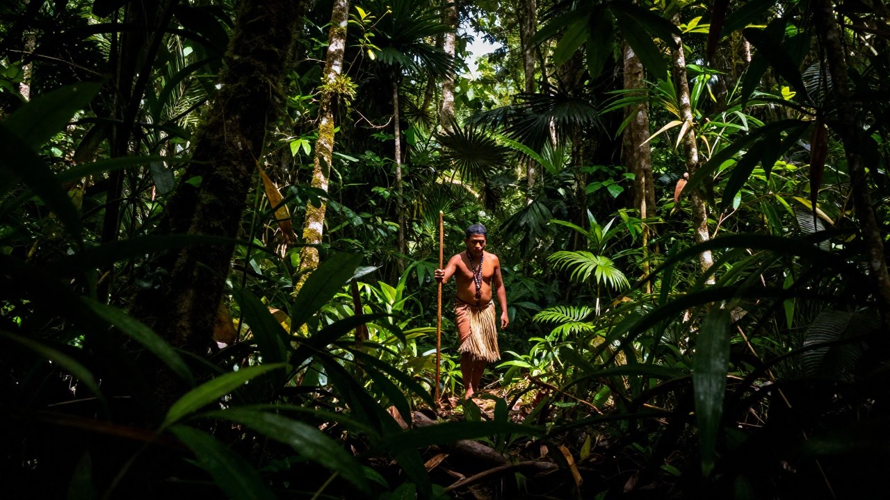Guía indígena amazónico con bastón, atravesando el denso sotobosque de la selva tropical.