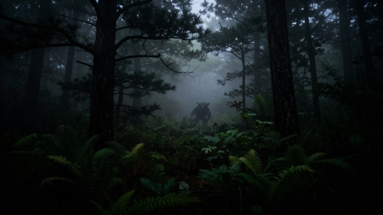 Silueta amenazante del Jersey Devil asomando a través de la neblina densa en un bosque nocturno del Pine Barrens.