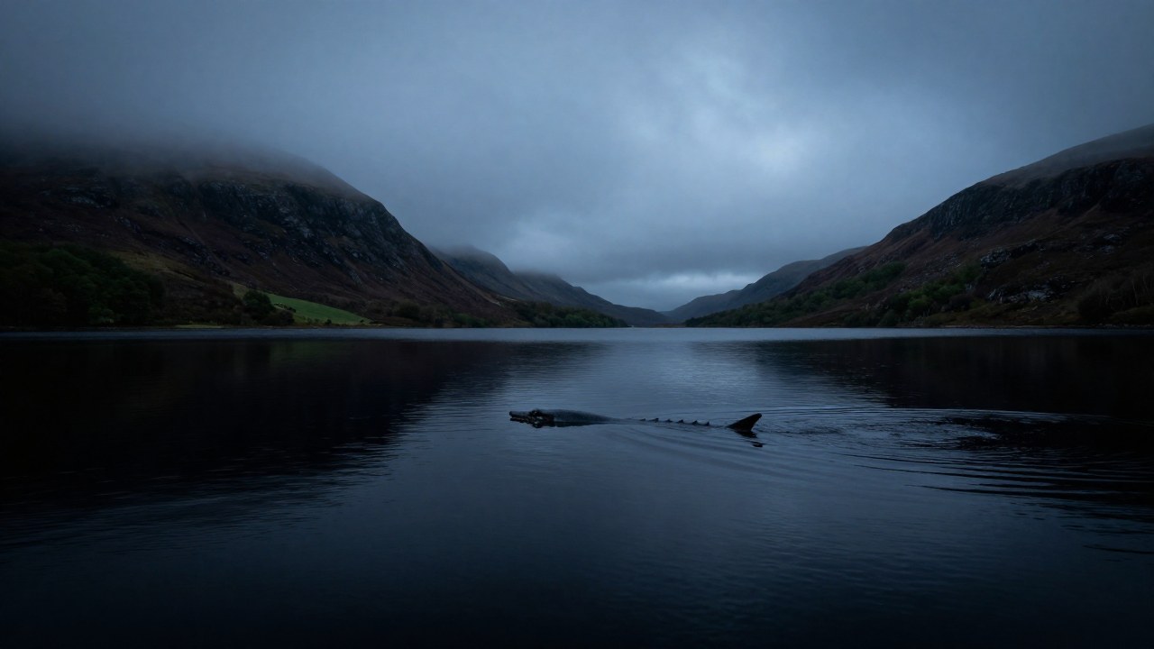 Sombra de una criatura serpentina masiva en las profundidades de Loch Ness en Escocia.