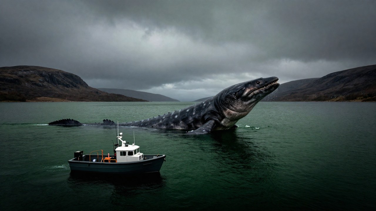 Criatura serpentina rompe la superficie del Loch Ness, observada por una pequeña embarcación de investigación.