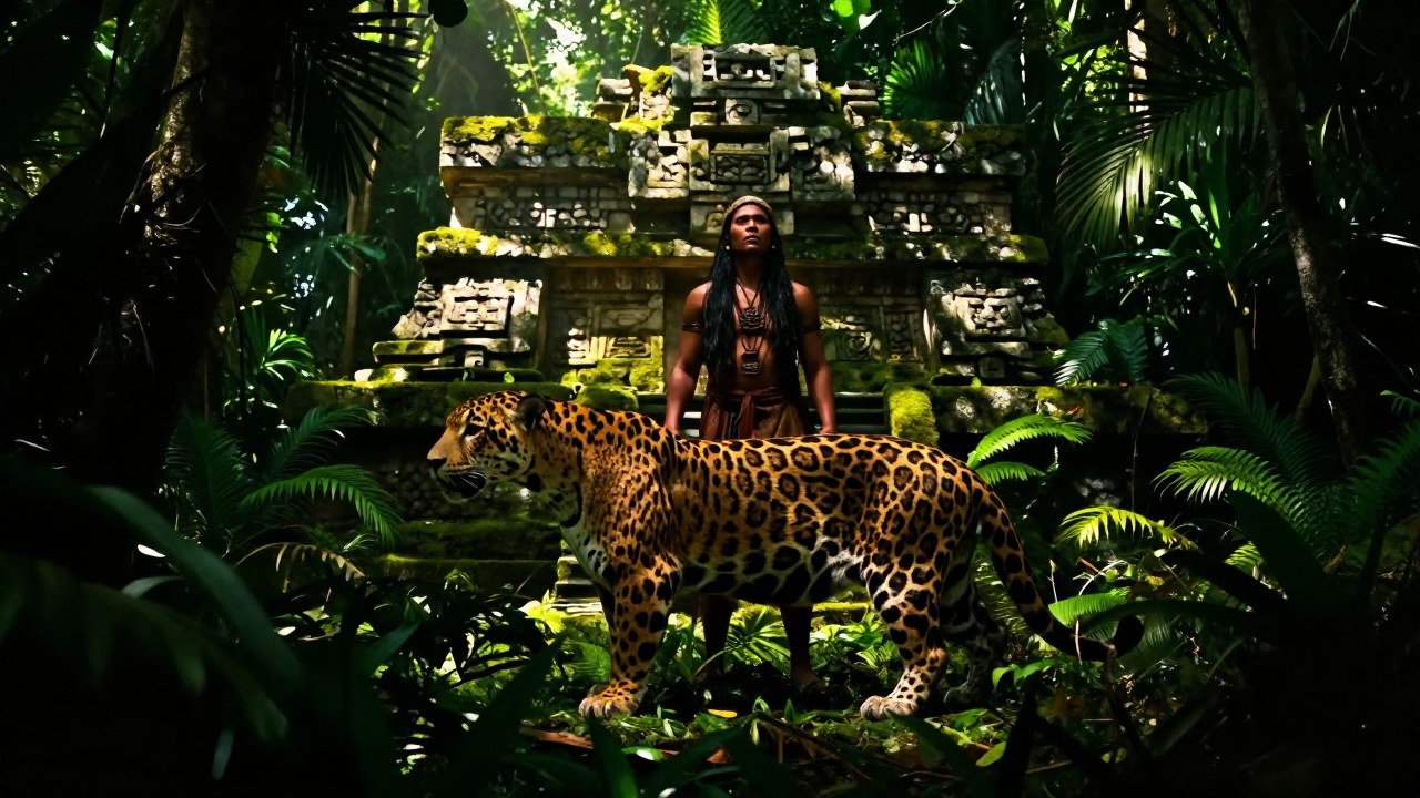 Figura en la jungla de ruinas mayas en comunión con un jaguar, representando la dualidad nahual.