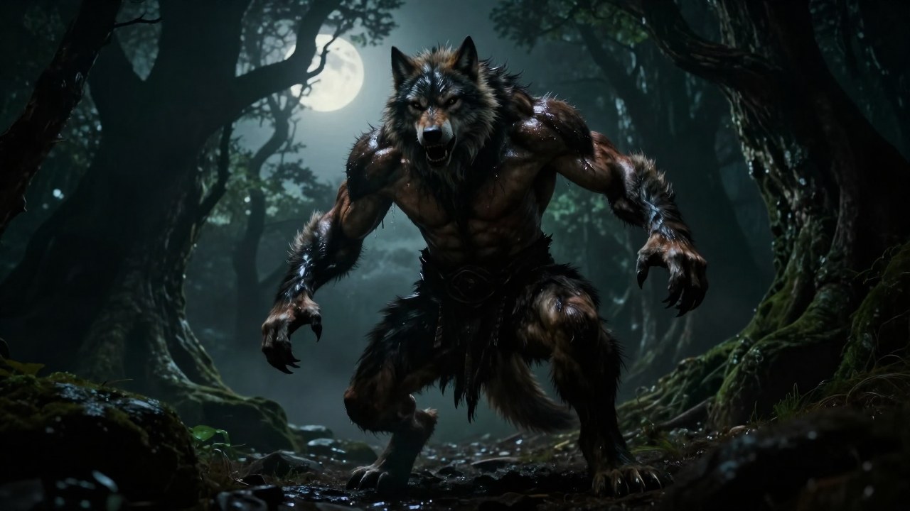 Figura muscular en plena transformación a una forma bestial de lobo en un bosque antiguo y neblinoso.
