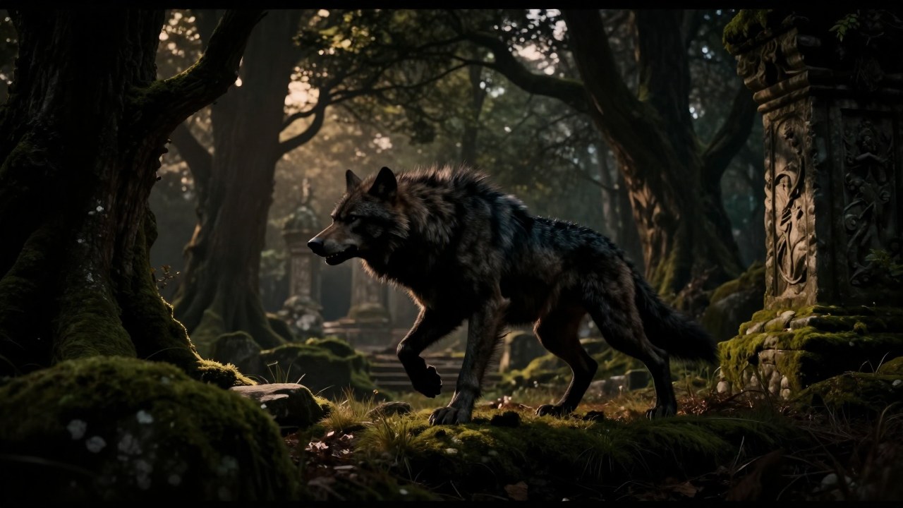 Hombre lobo musculoso en plena transformación, de pie en un claro de bosque antiguo al anochecer.
