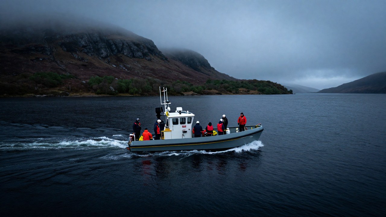 Expedición científica en Loch Ness: investigadores monitorean y despliegan equipo acústico en el agua.