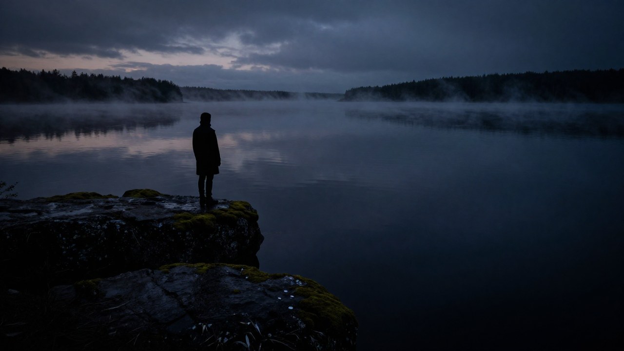 Silueta solitaria en la orilla de un vasto lago oscuro bajo la bruma del crepúsculo.