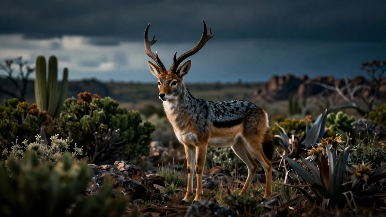 Jackalope con astas de antílope en un paisaje agreste, simbolizando la fluidez y variación mítica.
