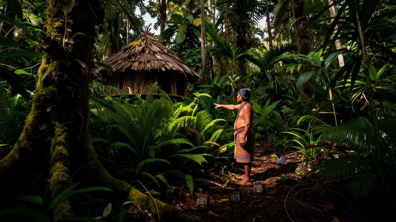 Conocedor indígena señalando marcadores en la vegetación densa de un bosque tropical.