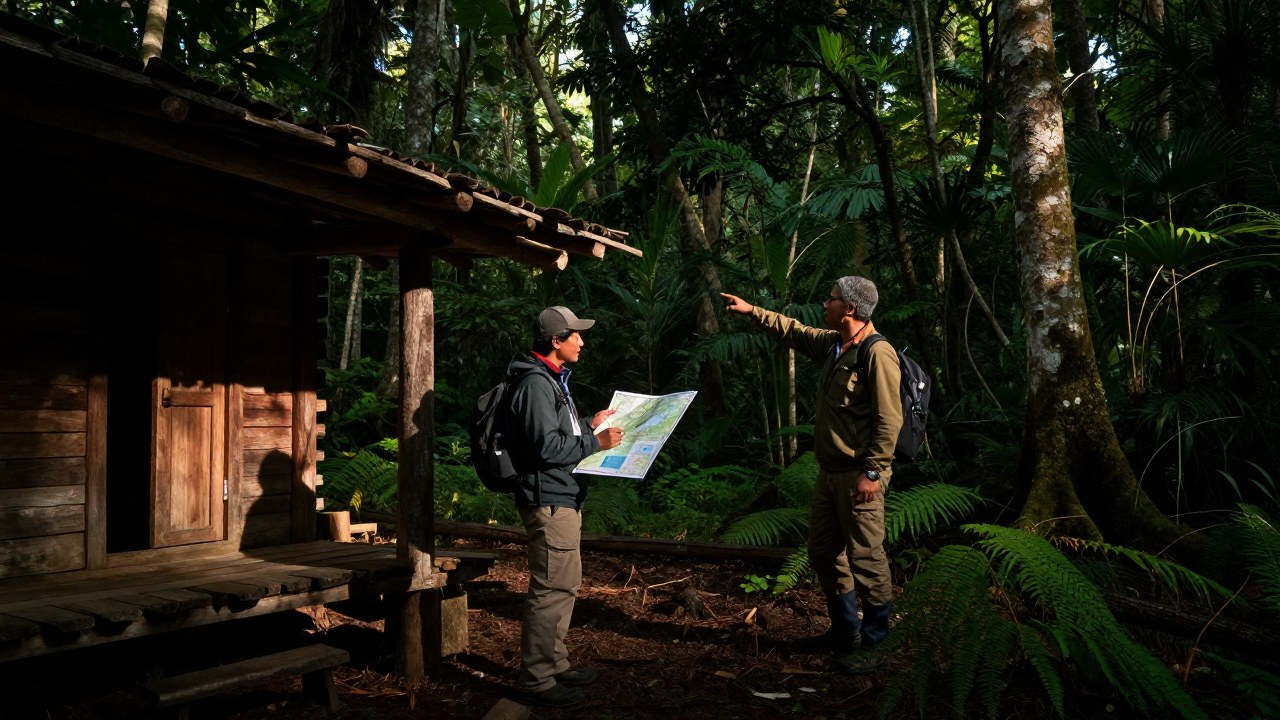 Un científico examina un mapa con un guía indígena en un entorno forestal remoto cerca de una cabaña.