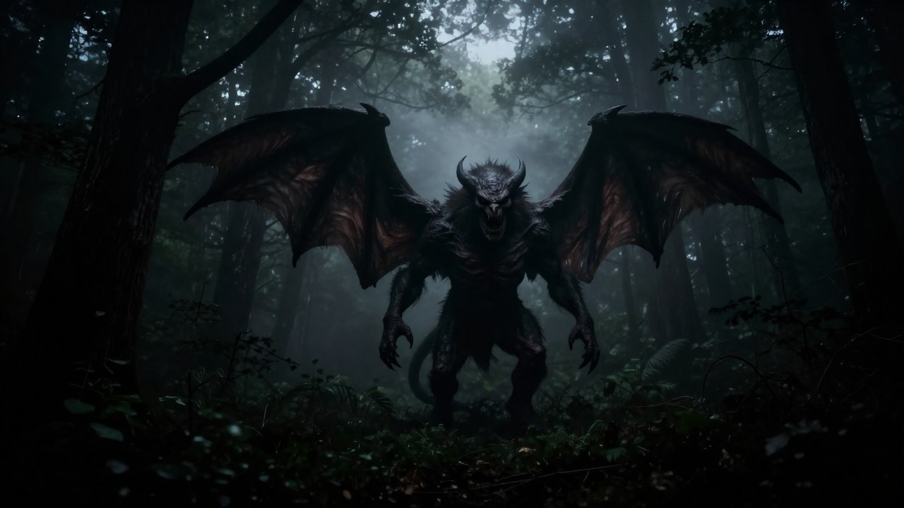 El Diablo de Jersey, criatura monstruosa, emerge de la niebla en el bosque nocturno.