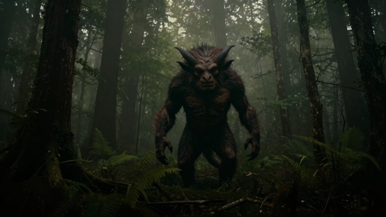 Criatura mítica Jersey Devil emerge de una niebla espesa en un pantano antiguo y cubierto de vegetación.