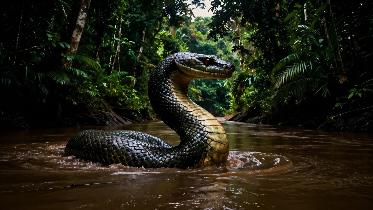 Colosal Yacumama, una serpiente mitológica, parcialmente sumergida en un río de la Amazonía.