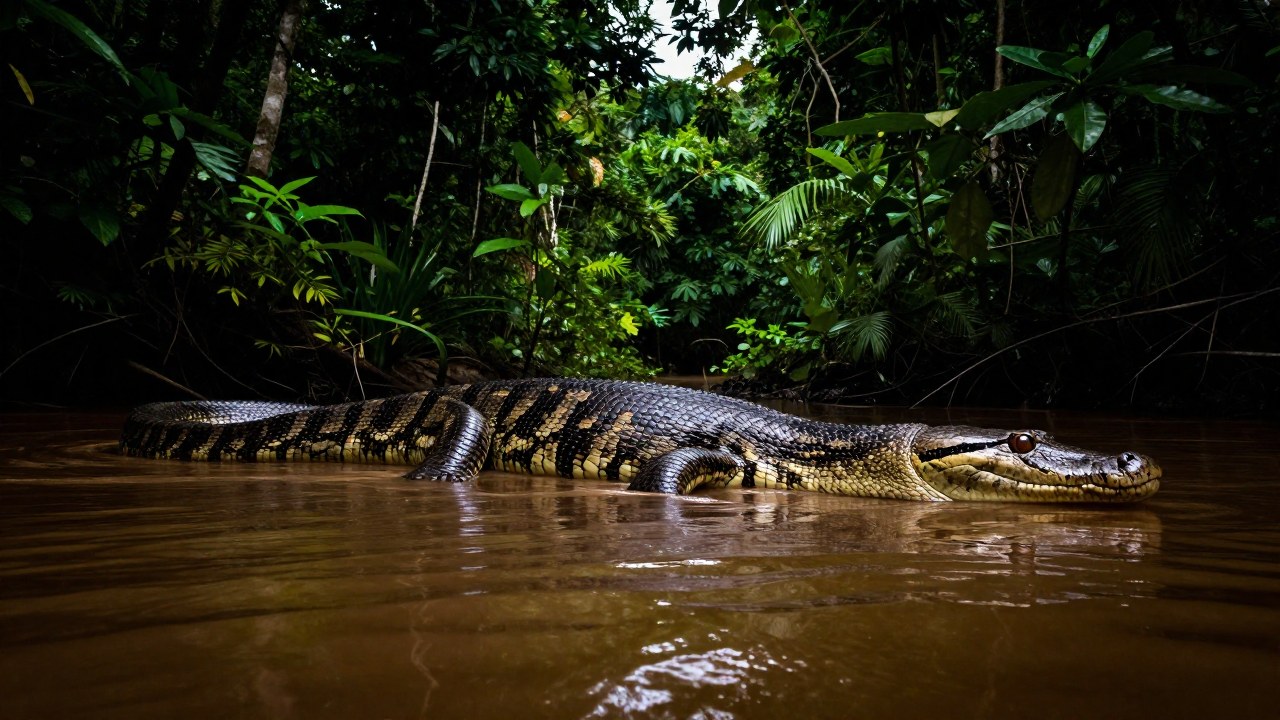 Anaconda masiva emergiendo de las aguas turbias de un río en la densa selva amazónica.