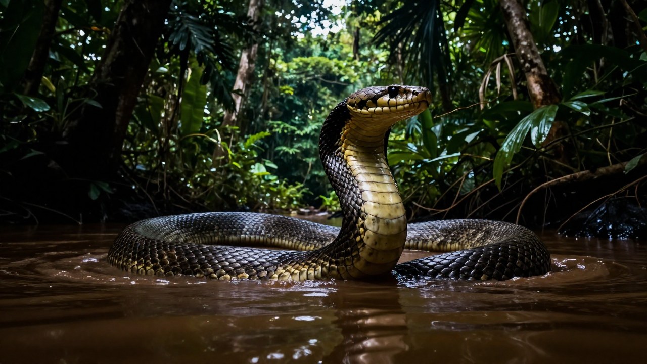 Anaconda colosal emergiendo de las aguas del Amazonas en la densa selva tropical.