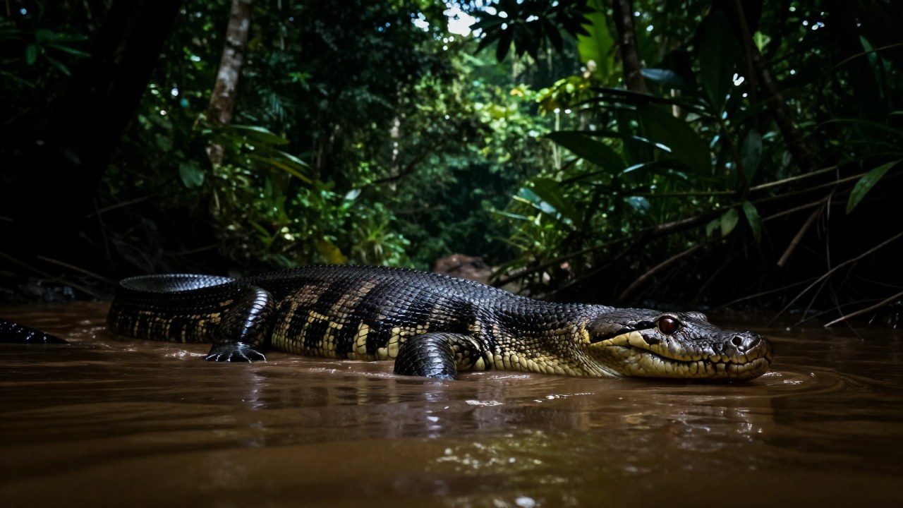 Anaconda colossal emergiendo de las aguas turbias de un río en la selva amazónica.