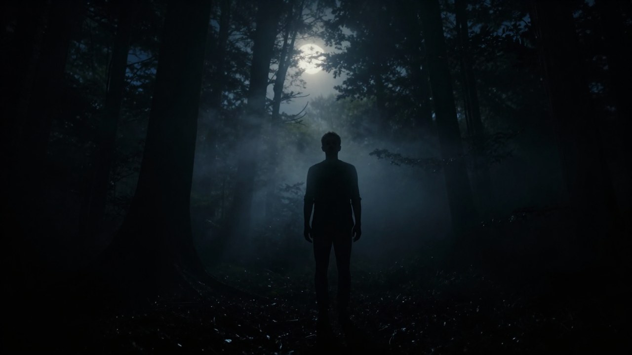 Hombre solitario en un bosque denso y brumoso, en un estado de transición espectral.