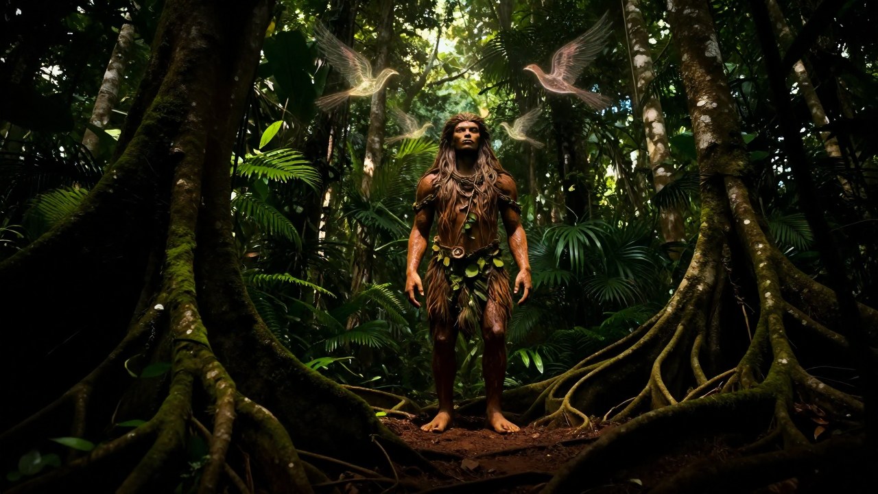 Curupira, el espíritu guardián, se encuentra en la selva brasileña con sus pies invertidos y espíritus de aves.