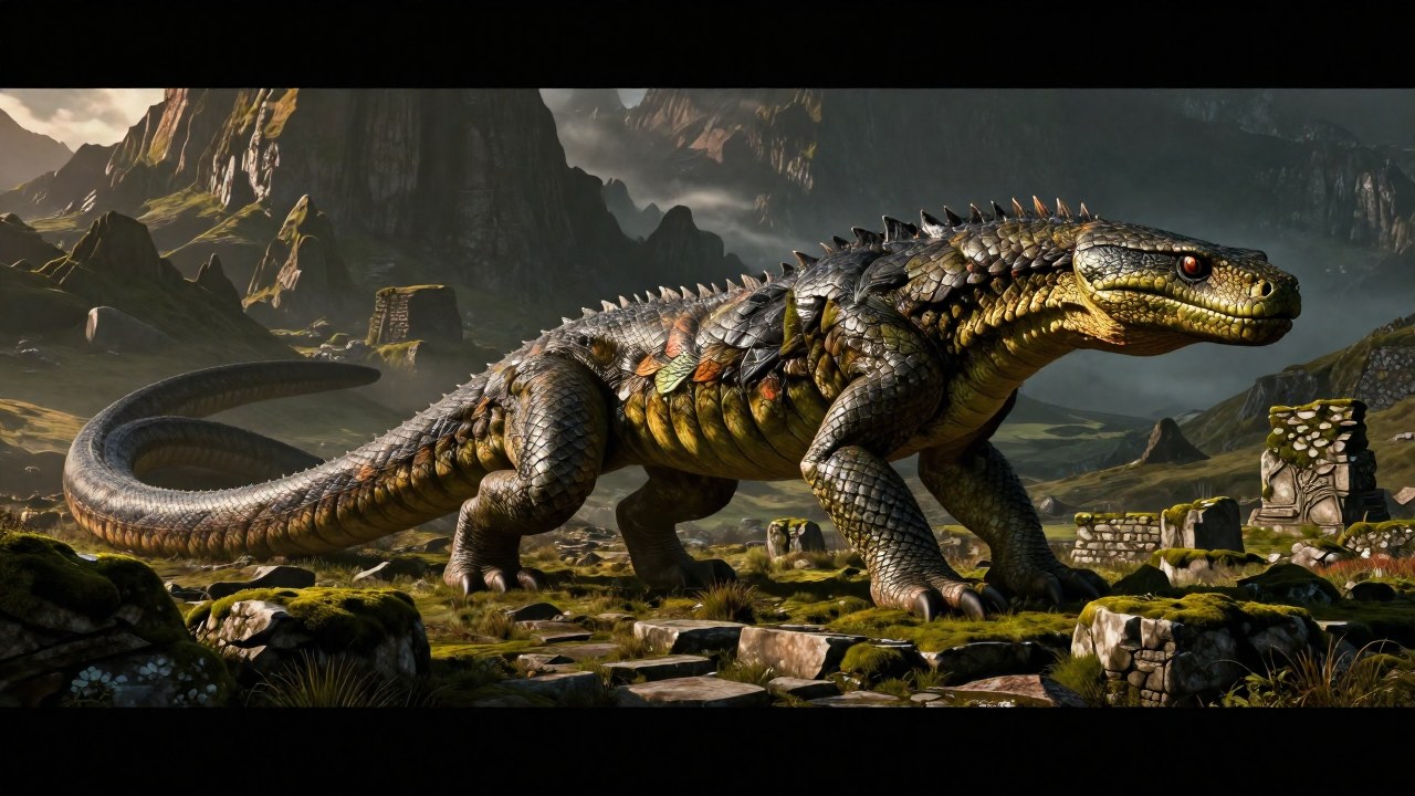 Un Lindworm majestuoso, reptil de escamas detalladas, atraviesa antiguas ruinas en un paisaje brumoso.