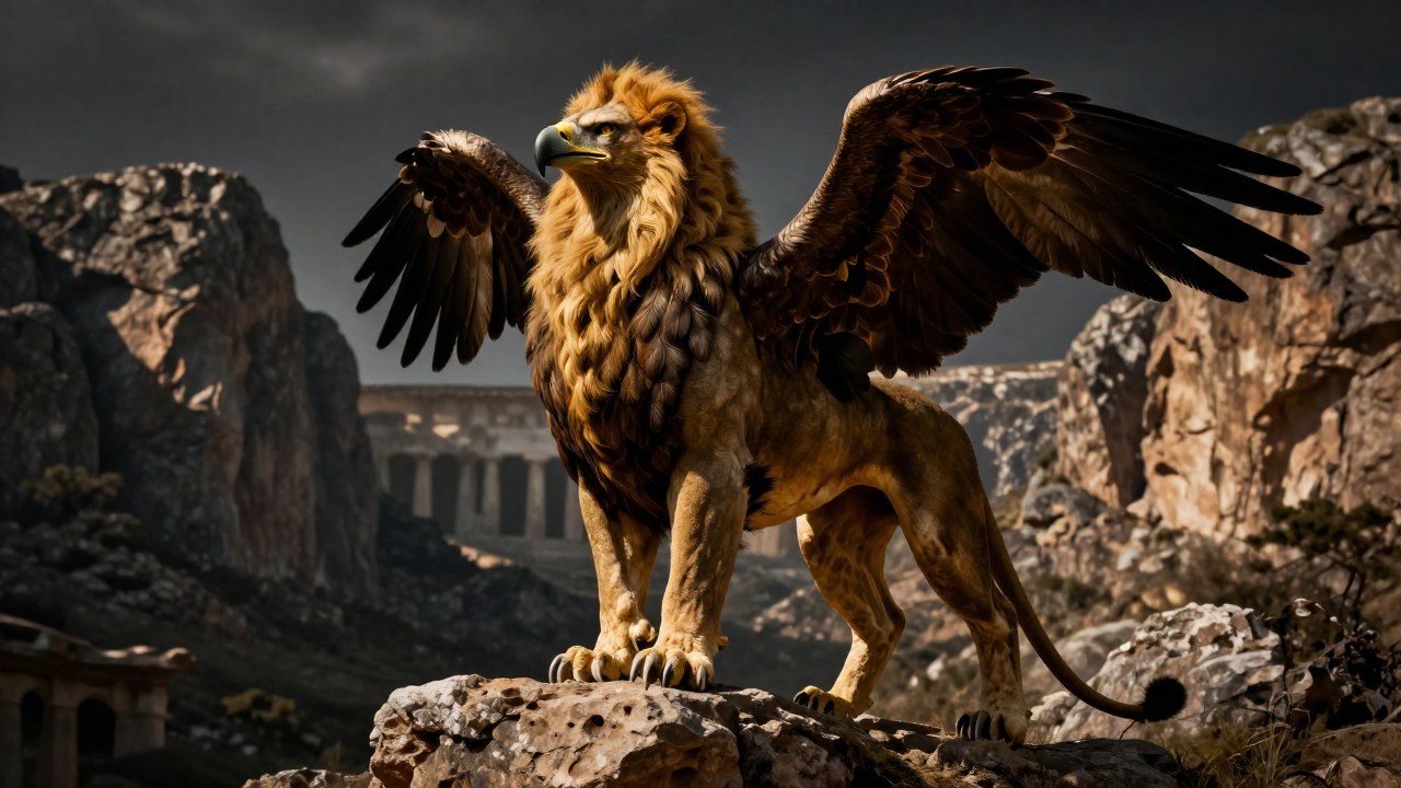 Un grifo, con torso y cuerpo de león y águila, posado sobre una roca en un paisaje montañoso.
