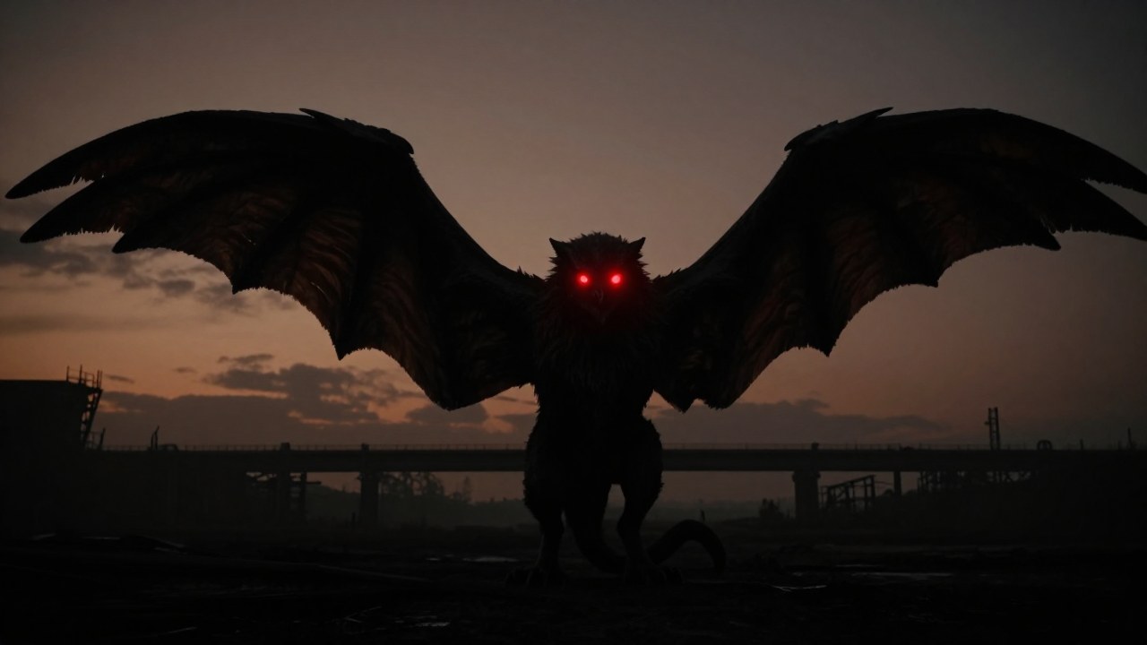 Criatura Mothman, una figura alada e imponente, con ojos rojos brillantes en paisaje industrial desolado.