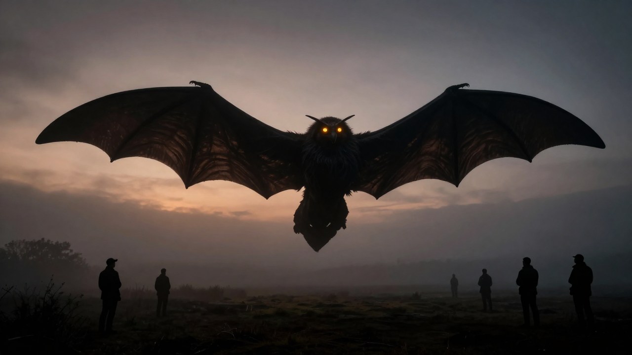 Cryptido Mothman gigante suspendido en un paisaje brumoso, siendo observado por figuras en la periferia.