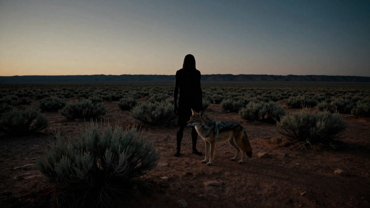 Silueta humana y animal salvaje interactúan en un vasto y desolado paisaje árido al crepúsculo.